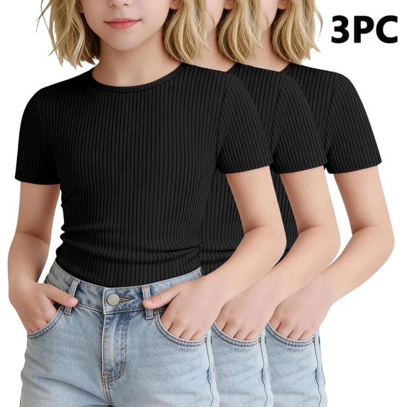 SGFCWSX Girls T Shirt 3 Pack Ribbed Knit Short Sleeve Crew Neck Cropped Slim Fit Casual Soft Basic Teens Daily Wear Tee Tops Black Size 14