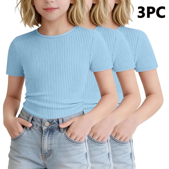 SGFCWSX Girls T Shirt 3 Pack Ribbed Knit Short Sleeve Crew Neck Cropped Slim Fit Casual Soft Basic Teens Daily Wear Tee Tops Blue Size 16