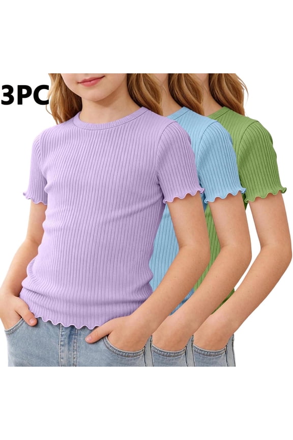 Girls T Shirt 3 Pack Ribbed Knit Short Sleeve Crew Neck Lettuce Trim Slim Fit Casual Soft Basic Teens Daily Wear Tee Tops Green Size 16