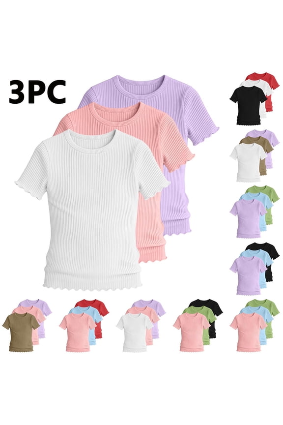 Girls T Shirt 3 Pack Ribbed Knit Short Sleeve Crew Neck Lettuce Trim Slim Fit Casual Soft Basic Teens Daily Wear Tee Tops White Size 16