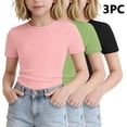 thumbnail image 1 of SGFCWSX Girls T Shirt 3 Pack Ribbed Knit Short Sleeve Crew Neck Slim Fit Cropped Casual Soft Basic Kids Daily Wear Tee Tops Black Size 7/8, 1 of 5