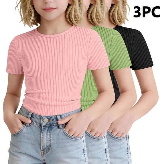 SGFCWSX Girls T Shirt 3 Pack Ribbed Knit Short Sleeve Crew Neck Slim Fit Cropped Casual Soft Basic Kids Daily Wear Tee Tops Black Size 7/8