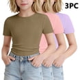 thumbnail image 1 of SGFCWSX Girls T Shirt 3 Pack Ribbed Knit Short Sleeve Crew Neck Slim Fit Cropped Casual Soft Basic Kids Daily Wear Tee Tops Khaki Size 7/8, 1 of 5