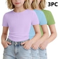 thumbnail image 1 of SGFCWSX Girls T Shirt 3 Pack Ribbed Knit Short Sleeve Crew Neck Slim Fit Cropped Casual Soft Basic Teens Daily Wear Tee Tops Green Size 16, 1 of 5