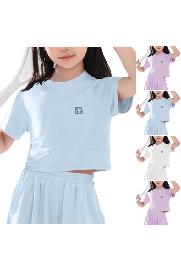 Girls T Shirt Cropped Short Sleeve Raglan Crew Neck Quick Dry Breathable Athletic Casual Kids Daily Sports Wear Tee Tops Blue Size 10