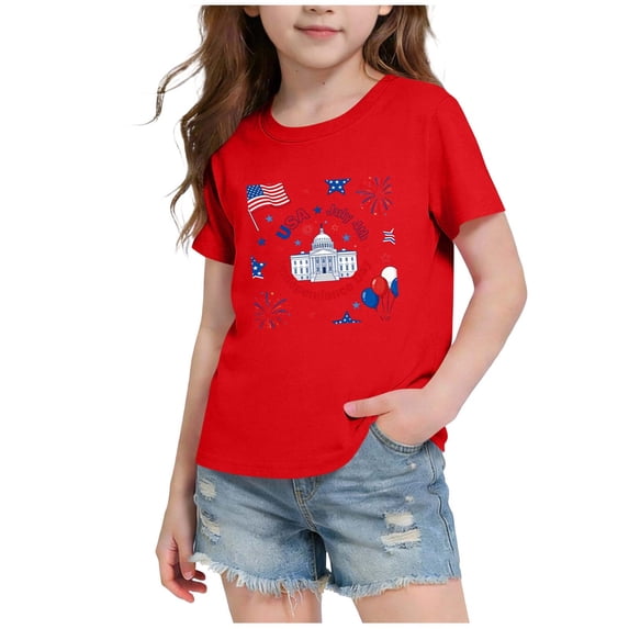 SGFCWSX Girls T Shirt Graphic Short Sleeve Crew Neck Casual Kids Holiday Tee Tops Red Size 7/8