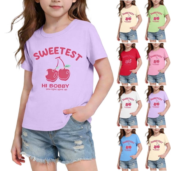 SGFCWSX Girls T Shirt Kids Summer Short Sleeve Graphic Print Crew Neck Casual Comfortable Daily Wear Tee Tops Purple Size 5T