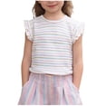 thumbnail image 1 of SGFCWSX Girls T Shirt Summer Ruffle Flutter Sleeve Crew Neck Rainbow Striped Ribbed Knit Casual Soft Kids Daily School Wear Tee Tops Blue Size 7/8, 1 of 8