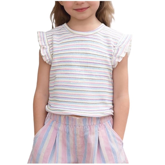 SGFCWSX Girls T Shirt Summer Ruffle Flutter Sleeve Crew Neck Rainbow Striped Ribbed Knit Casual Soft Kids Daily School Wear Tee Tops Blue Size 7/8