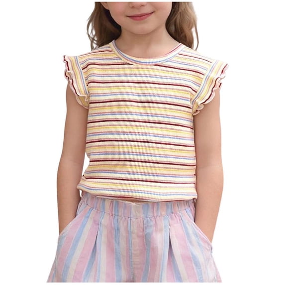 SGFCWSX Girls T Shirt Summer Ruffle Flutter Sleeve Crew Neck Rainbow Striped Ribbed Knit Casual Soft Kids Daily School Wear Tee Tops Pink Size 6M