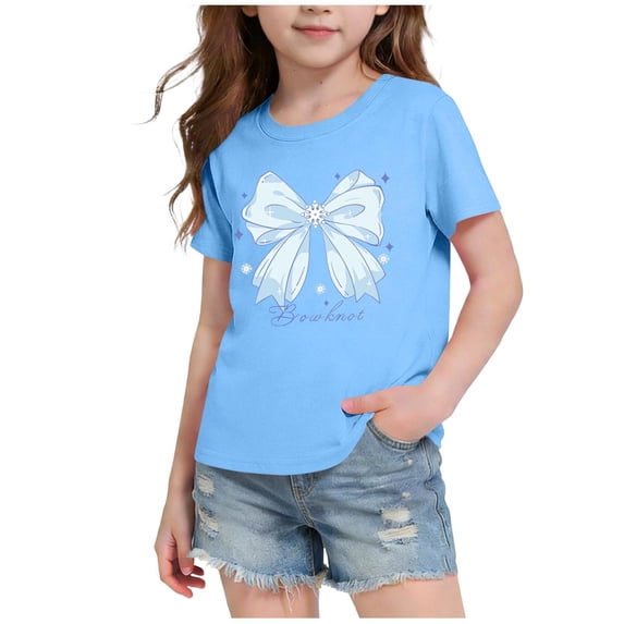 SGFCWSX Girls T Shirt Summer Short Sleeve Cute Bow Print Crew Neck Casual Soft Kids Daily Wear Tee Tops Blue Size 7/8