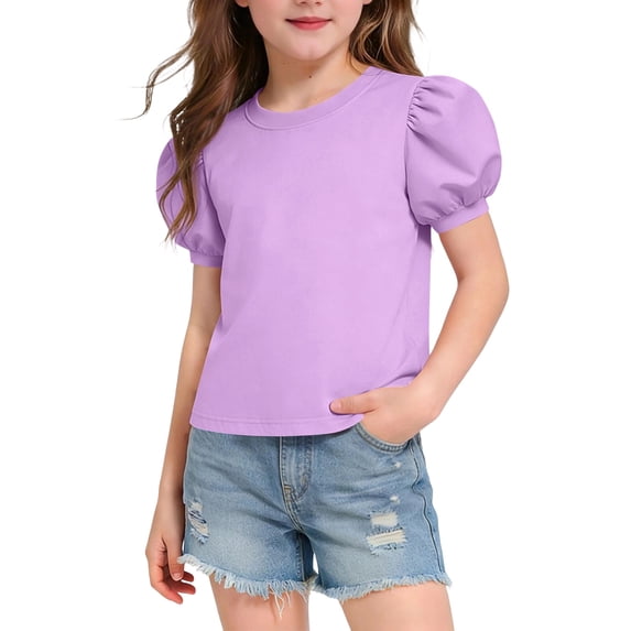 SGFCWSX Girls T Shirt Summer Short Sleeve Puff Sleeve Crew Neck Solid Color Casual Soft Cotton Kids Daily Wear Tee Tops Purple Size 12
