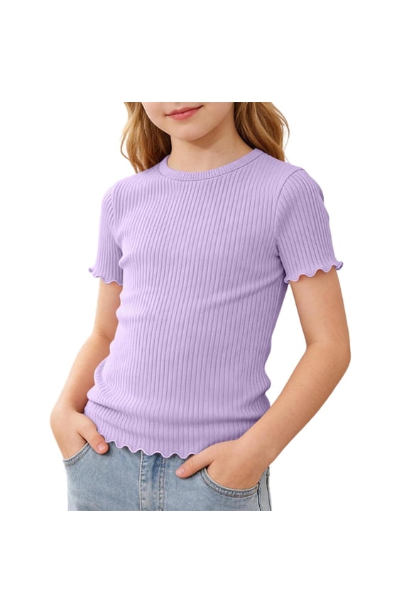 Girls T Shirt Summer Short Sleeve Ribbed Knit Crew Neck Ruffle Trim Slim Fit Casual Soft Kids Daily Wear Tee Tops Purple Size 12