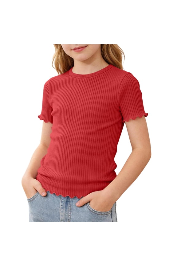 Girls T Shirt Summer Short Sleeve Ribbed Knit Crew Neck Ruffle Trim Slim Fit Casual Soft Kids Daily Wear Tee Tops Red Size 10
