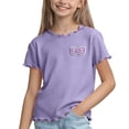 thumbnail image 1 of SGFCWSX Girls T Shirt Summer Short Sleeve Ribbed Knit Lettuce Trim Crew Neck Cute Bow Casual Soft Kids Daily School Wear Tee Tops Purple Size 8/9, 1 of 9