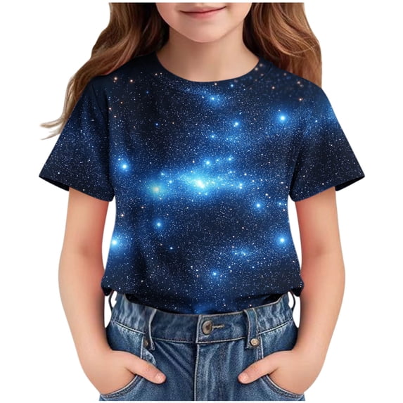 SGFCWSX Girls T-Shirts Casual Galaxy Graphic Print Summer Short Sleeve Kids Daily Tees Blue Size 3 Years