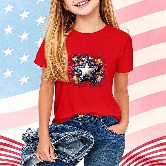 SGFCWSX Girls T Shirts Crew Neck Short Sleeve Patriotic Print Casual Daily Tops for Teens Red Size 12-13