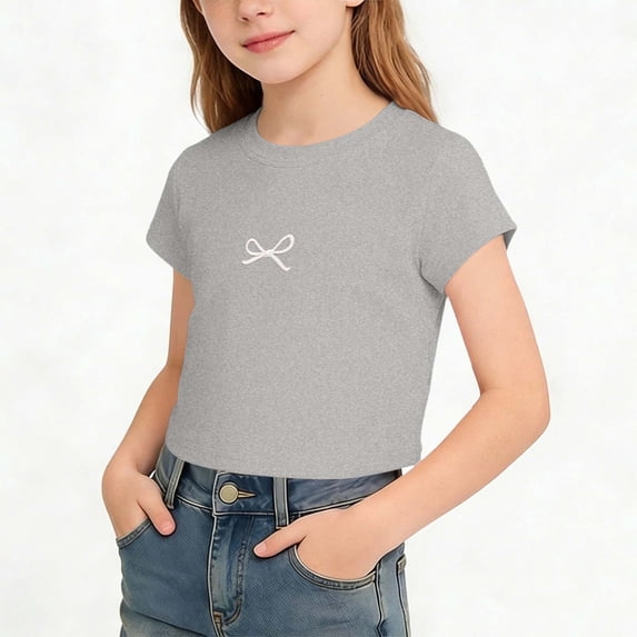 SGFCWSX Girls T Shirts Cropped Crew Neck Short Sleeve Cute Bow Print Casual Soft Lightweight Daily Tops for Kids Gray Size 10