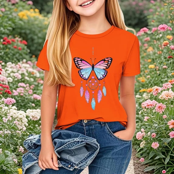 SGFCWSX Girls T-Shirts Graphic Print Short Sleeve Casual Summer Daily Tops for Kids Orange Size 9 Years