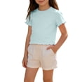 thumbnail image 1 of SGFCWSX Girls T Shirts Kids Crop Tops Lettuce Trim Contrast Crew Neck Short Sleeve Summer Casual Soft Fashion Daily Wear Top Sky Blue Size 8, 1 of 6
