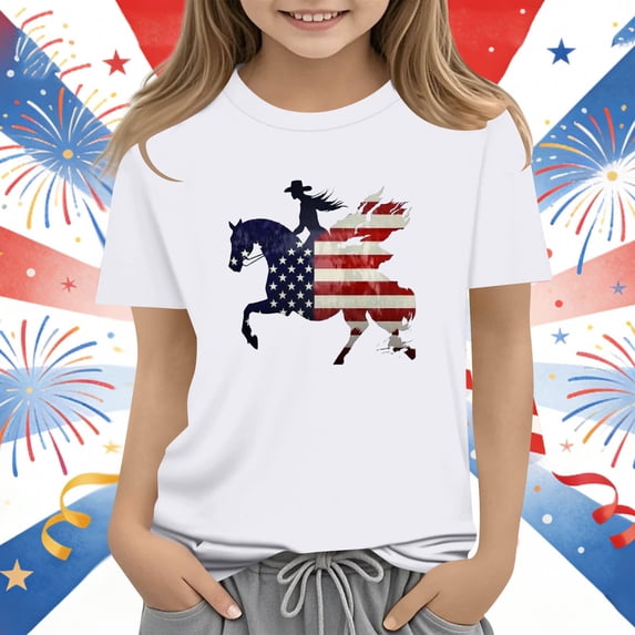 SGFCWSX Girls T-Shirts Kids Graphic Summer Patriotic Short Sleeve American Flag Print Casual Tees White Size 3-4 Years
