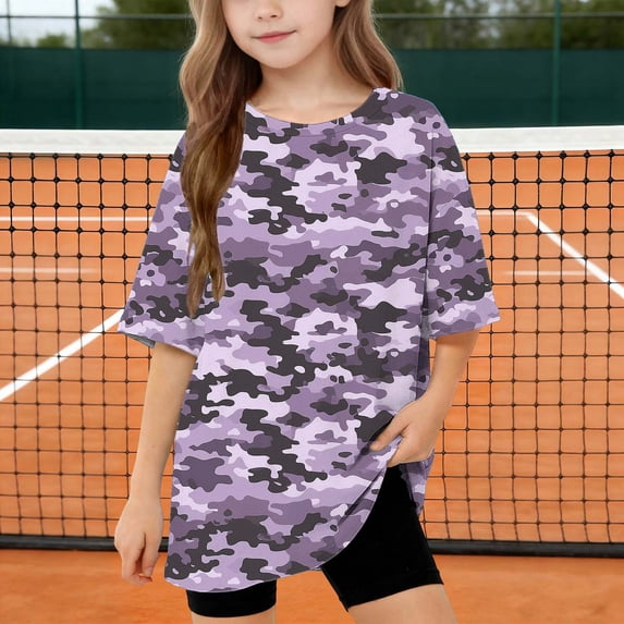 SGFCWSX Girls T Shirts Kids Oversized Crew Neck Half Sleeve Camo Print Curved Hem Casual Summer Tops Purple Size 5T