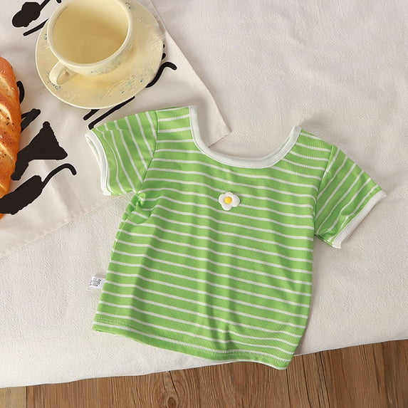 SGFCWSX Girls T-Shirts Kids Ribbed Striped Casual Summer Short Sleeve Daily Wear Tops Green Size 4-5 Years