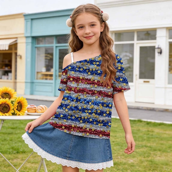 SGFCWSX Girls T Shirts One Shoulder Short Sleeve American Flag Print Casual Loose Fit Fashion Tops for Kids Multicolor Size 11