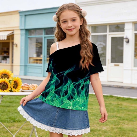 SGFCWSX Girls T Shirts One Shoulder Short Sleeve Graphic Print Casual Loose Fit Fashion Summer Tops for Kids Green Size 11
