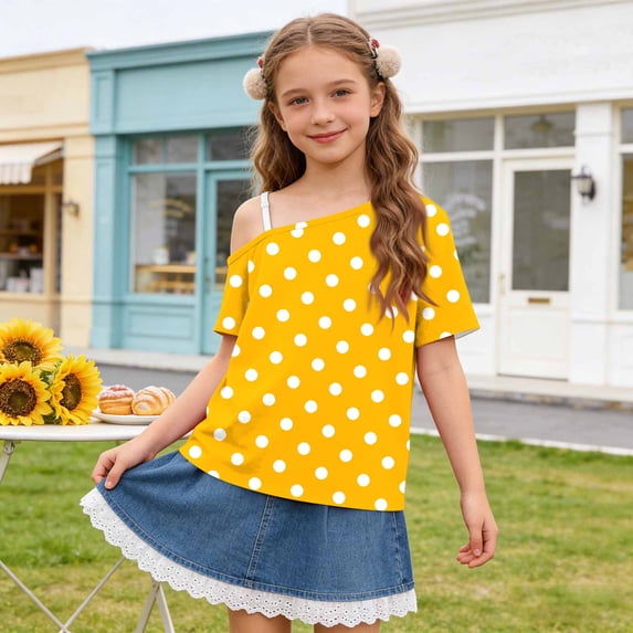 SGFCWSX Girls T Shirts One Shoulder Short Sleeve Polka Dot Print Casual Loose Fit Daily Fashion Tops for Kids Yellow Size 9