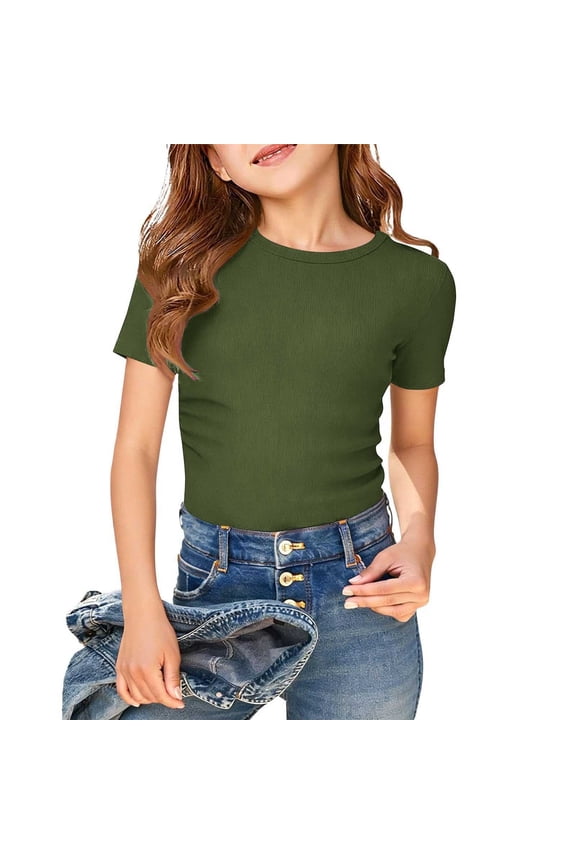 Girls T Shirts Ribbed Knit Short Sleeve Crew Neck Fitted Casual Daily Soft Tops for Kids Green Size 7/8