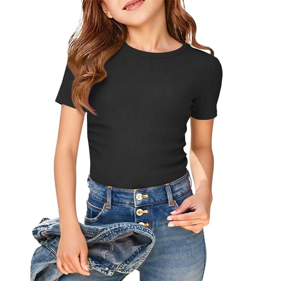 SGFCWSX Girls T Shirts Ribbed Knit Short Sleeve Crew Neck Fitted Casual Daily Soft Tops for Teens Black Size 14