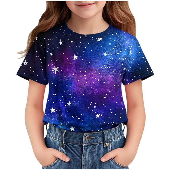 SGFCWSX Girls T-Shirts Short Sleeve Summer Casual Galaxy Graphic Print Kids Daily Tees Purple Size 9 Years