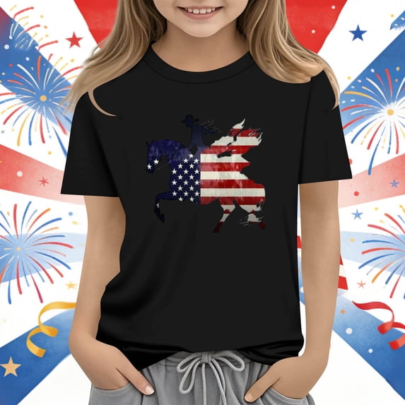 SGFCWSX Girls T-Shirts Teens American Flag Print Patriotic Graphic Summer Short Sleeve Casual Tees Black Size 13-14 Years