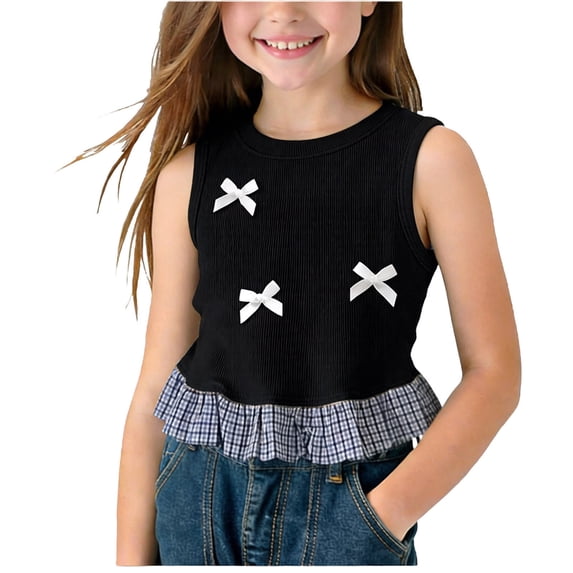 SGFCWSX Girls Tank Tops Kids Ribbed Bow Decor Plaid Ruffle Hem Sleeveless Casual Top Black Size 9-10Years