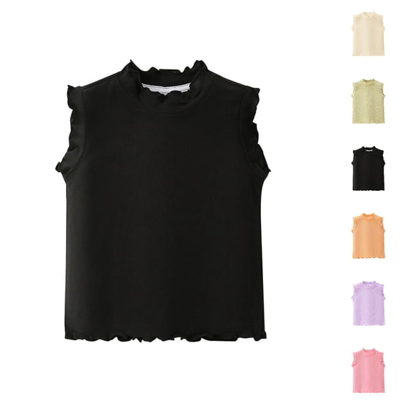SGFCWSX Girls Tank Tops Kids Ribbed Frill Trim Sleeveless Mock Neck Casual Tops Breathable Lightweight for Daily Wear Black Size 4 Years