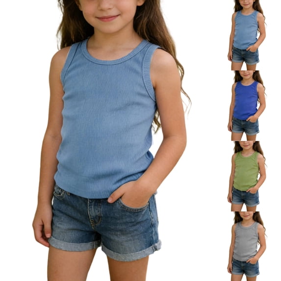 SGFCWSX Girls Tank Tops Ribbed Knit Basic Sleeveless Casual Daily Wear Shirt Blue Size 2 Years