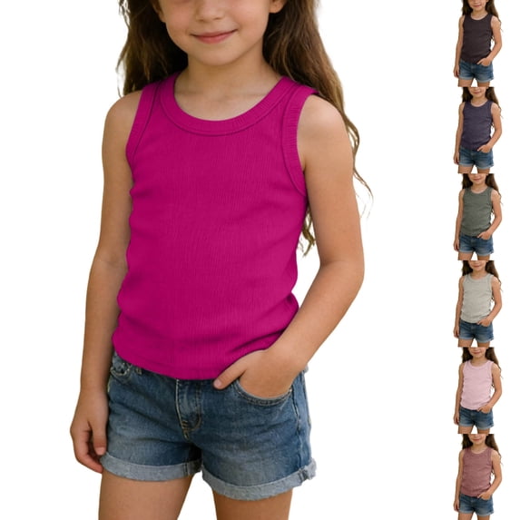 SGFCWSX Girls Tank Tops Ribbed Stretchy Sleeveless Summer Casual Active Wear Shirt Hot Pink Size 6-7 Years