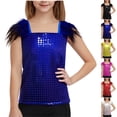 thumbnail image 1 of SGFCWSX Girls Tank Tops Sequin Feather Shoulder Square Neck Party Dance Shirt Blue Size 11 Years, 1 of 6