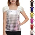 thumbnail image 1 of SGFCWSX Girls Tank Tops Sequin Feather Shoulder Square Neck Party Dance Shirt Silver Size 9 Years, 1 of 4