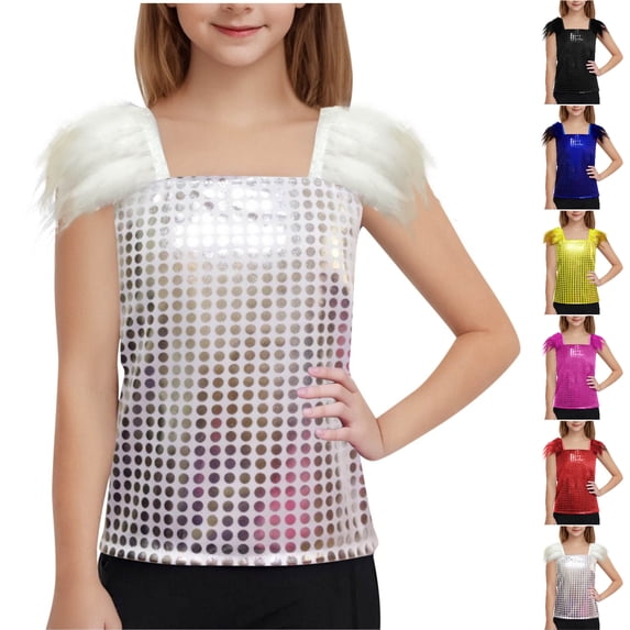SGFCWSX Girls Tank Tops Sequin Feather Shoulder Square Neck Party Dance Shirt Silver Size 9 Years