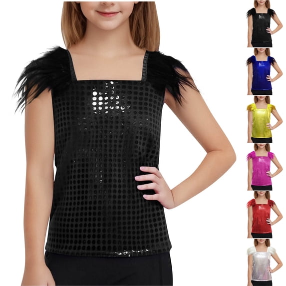 SGFCWSX Girls Tank Tops Square Neck Sequin Feather Shoulder Dance Event Shirt Black Size 9 Years