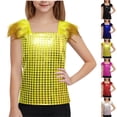 thumbnail image 1 of SGFCWSX Girls Tank Tops Square Neck Sequin Feather Shoulder Dance Event Shirt Gold Size 4 Years, 1 of 6