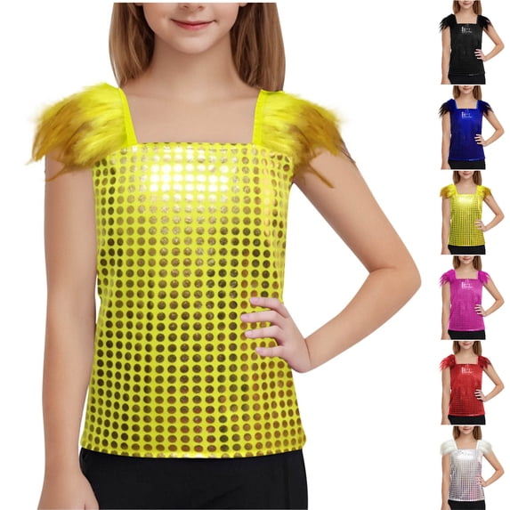 SGFCWSX Girls Tank Tops Square Neck Sequin Feather Shoulder Dance Event Shirt Gold Size 4 Years