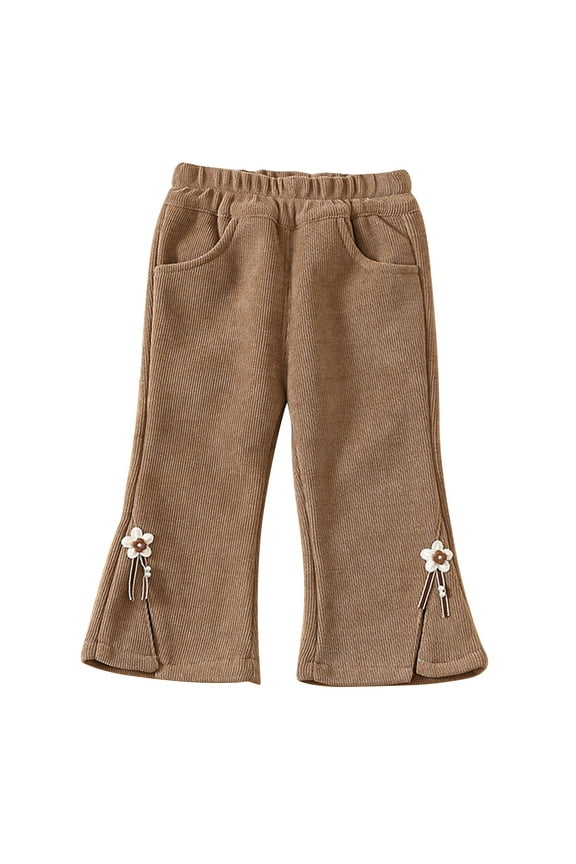 Girls Thermal Pants Cute Flower Bell Bottoms Legging Pants with Pockets Corduroy Winter Soft Leggings Khaki Size 2 Years