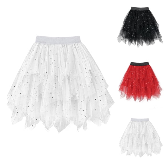 SGFCWSX Girls Tulle Skirt Kids Elastic Waist Glitter Irregular Hem Layered Tutu A Line Midi Skirts Daily Party Casual Wear White Size 9 Years