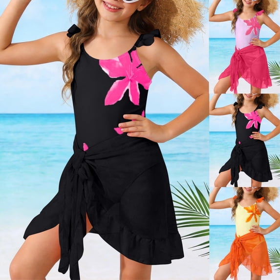 SGFCWSX Girls Two Piece Swimsuit Print Ruffle Strap One Piece Swimsuit with Chiffon Cover Up Skirt for Kids Beach Pool Vacation Black Size 9-10 Years