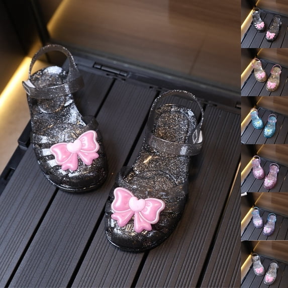 SGFCWSX Girls Water Shoes Kids Jelly Sandals Glitter Bow Ankle Strap Beach Summer Shoes Black Size 11 Little Kids