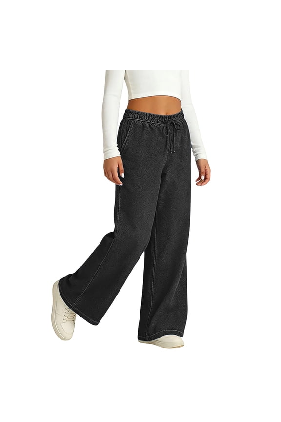 Girls Wide Leg Jeans Elastic Waist Drawstring Baggy Loose Fit Denim Pants Casual Trousers for Teens Black Size 13-14 Years