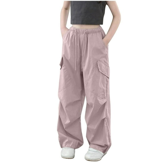 SGFCWSX Girls Wide Leg Pants Cargo High Elastic Waist Trousers with Pockets for Teen Drawstring Solid Color Pant Pink Size 12 Years